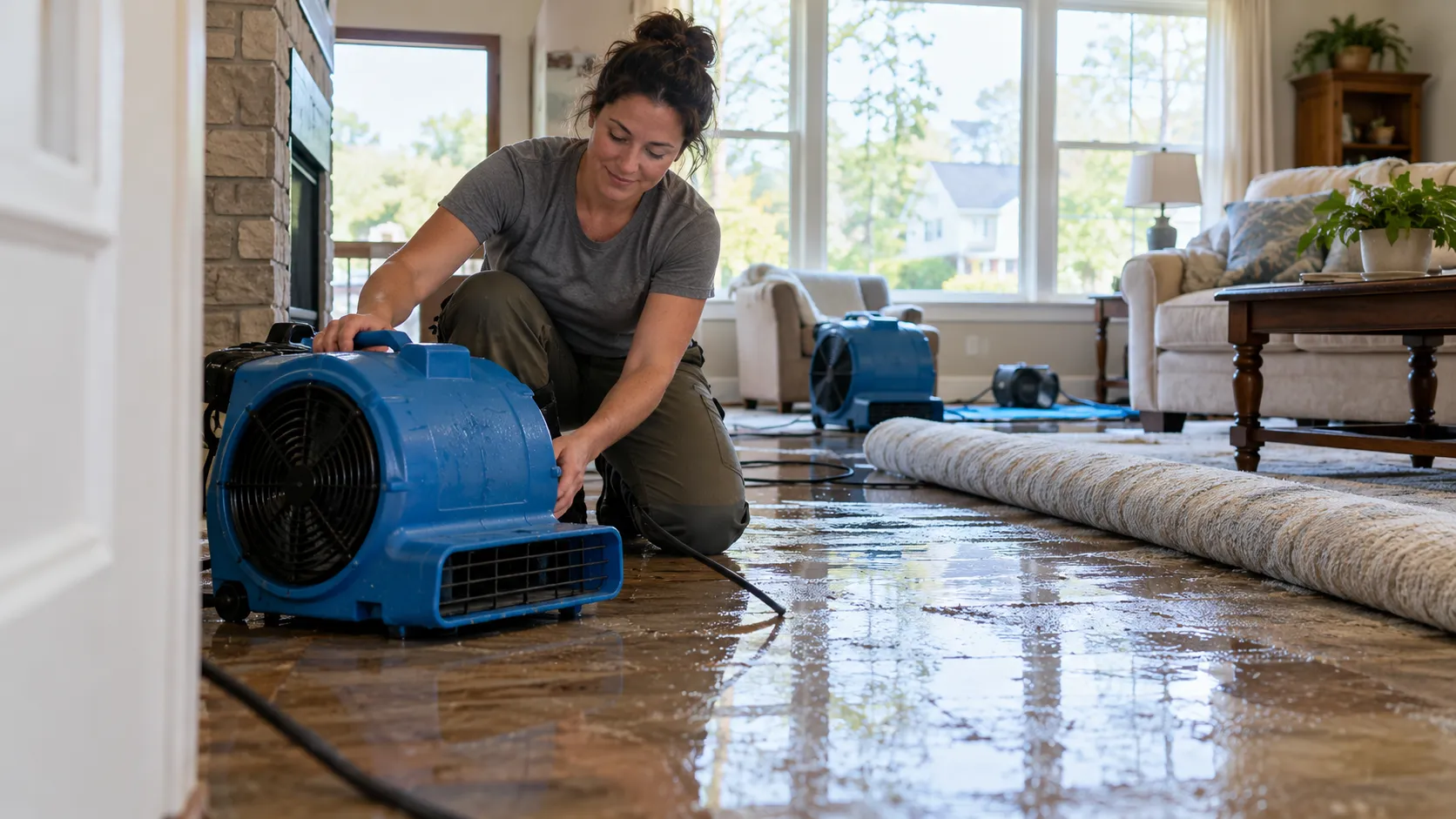 Water damage restoration technician drying a flooded living room in Pittsburgh